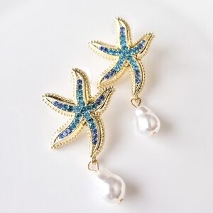 NEW Zara Golden Starfish Embellished Statement Earrings w/ Pearls & Crystals